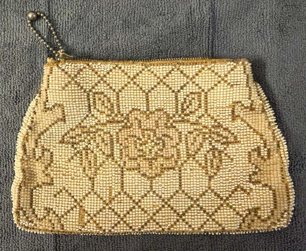 Vintage Czechoslovakia Ivory & Gold Beaded Floral Evening Bag